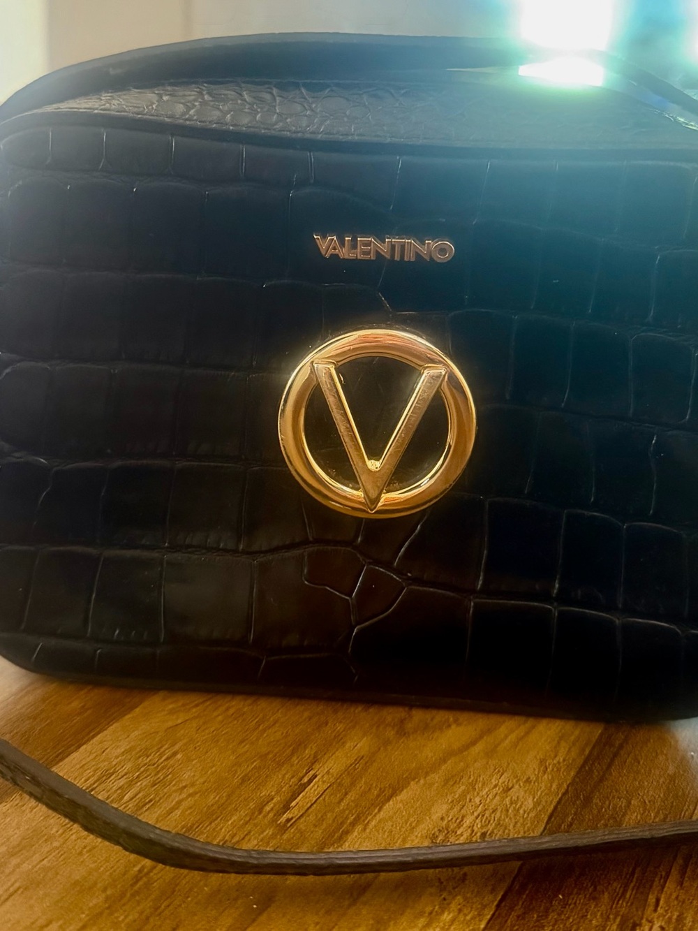 Valentino Black Croc-Embossed Interior Zip Pouch with Gold Hardware